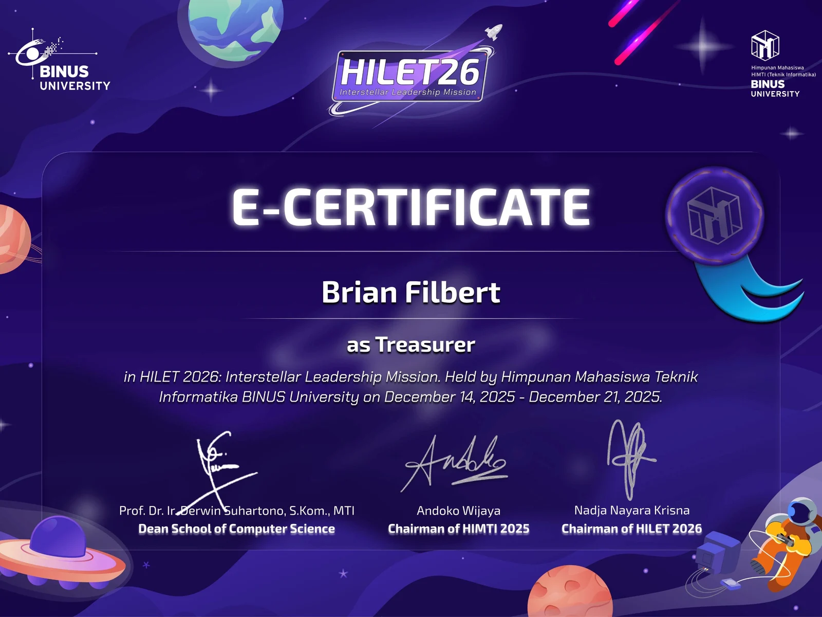 HILET 2026 e-certificate, Brian Filbert as Treasurer