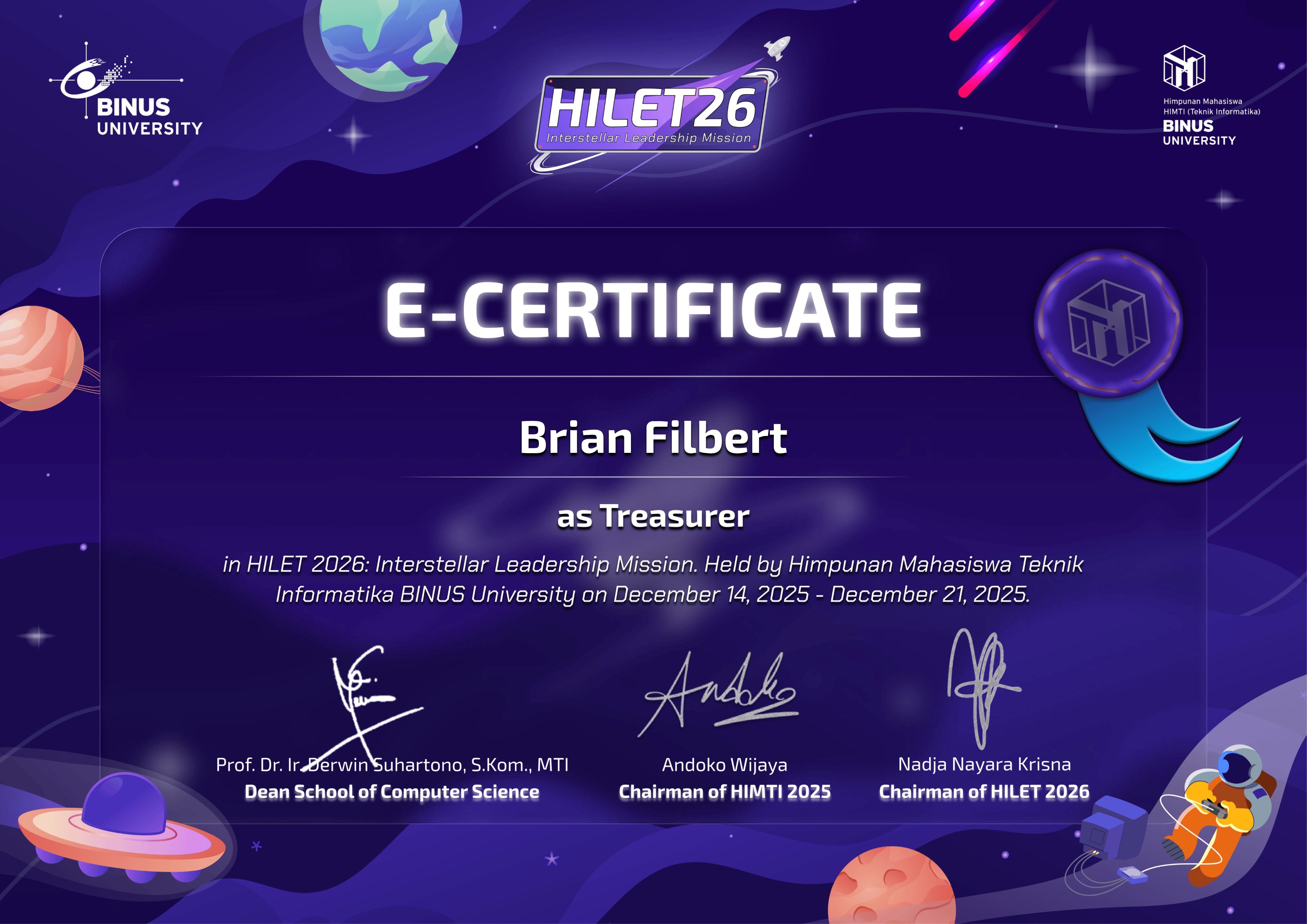 HILET 2026 e-certificate, Brian Filbert as Treasurer